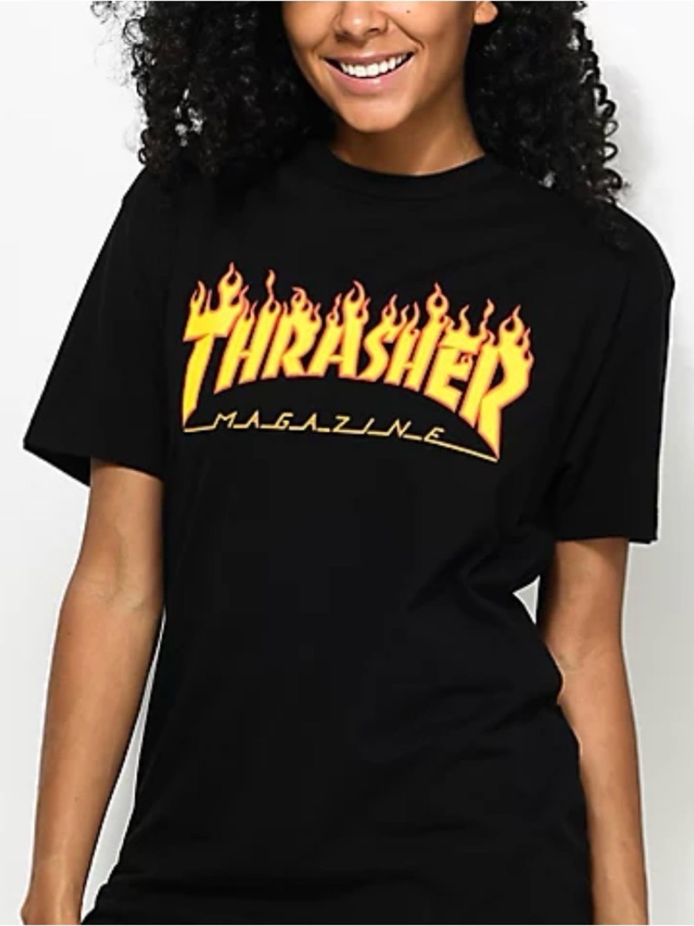 Thrasher Black Tee with Yellow-Orange Flame Logo - Women's